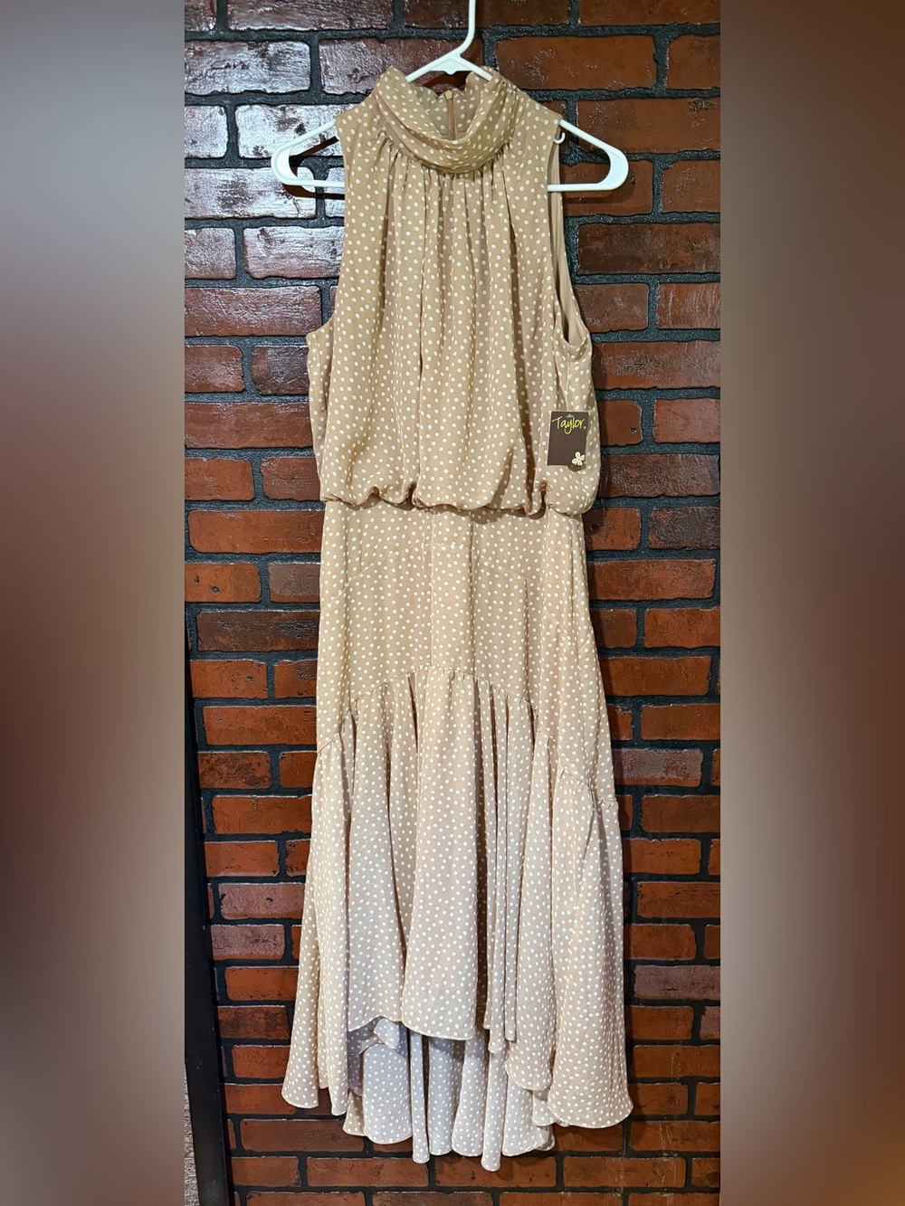 NWT Taylor Sleeveless High-Neck Polka Dot Maxi Dress in tan Sz 12